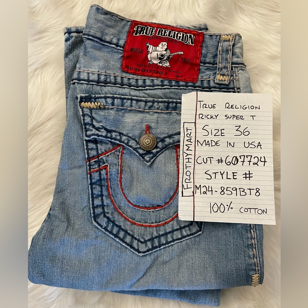 True Religion Jeans RICKY SUPER T, SIZE 36 Made In USA, RED THICK STITCH